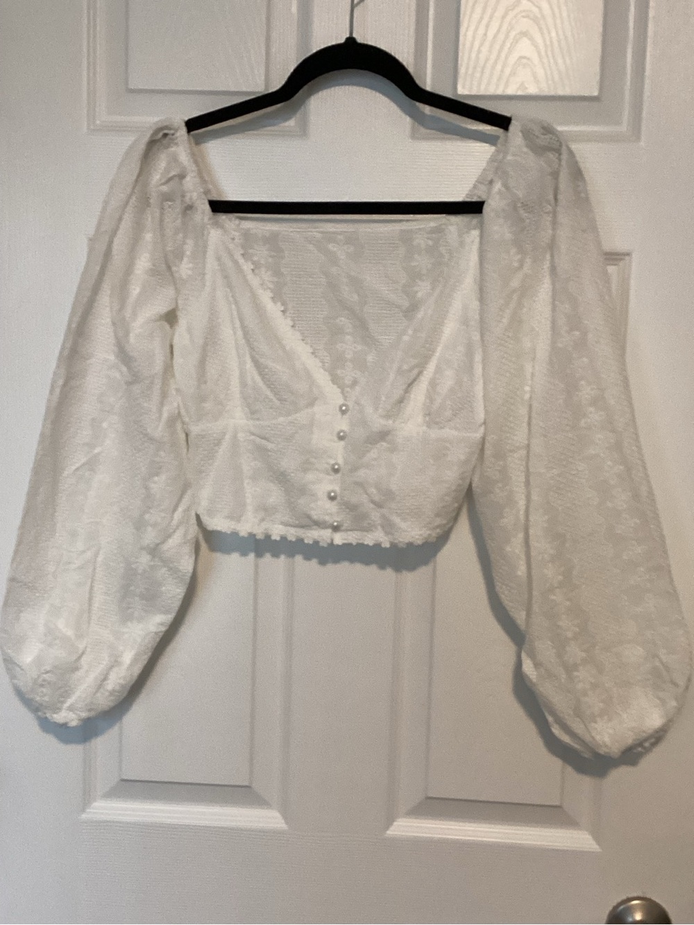 Lioness White Puff Sleeve Cropped Blouse with Pearl Buttons
